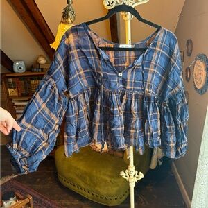 Day Moon, Blue Plaid Peasant Blouse. 100% Cotton. Women's Small.
